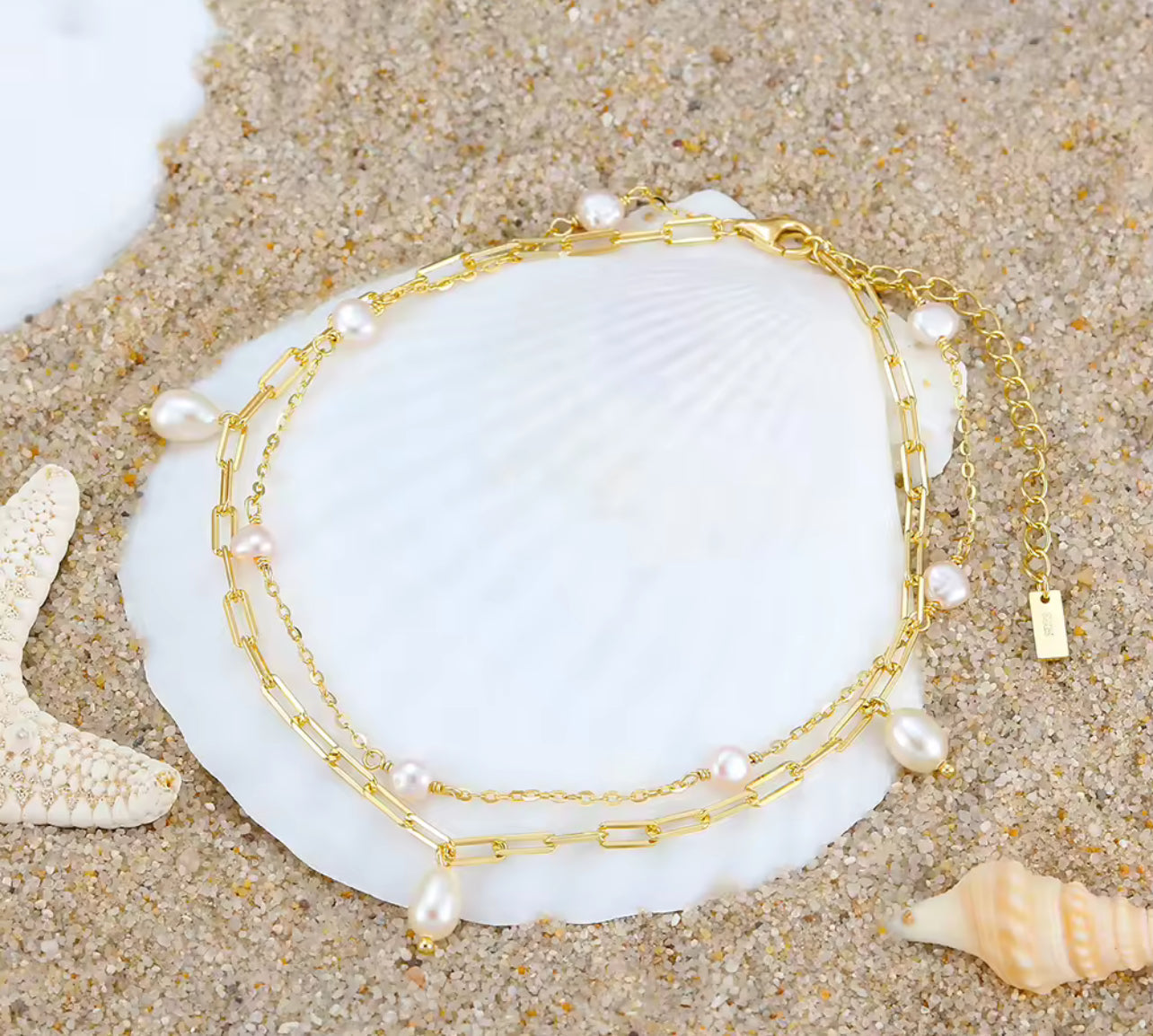 Pearl Layered Sterling Silver / Gold Chain Anklet
