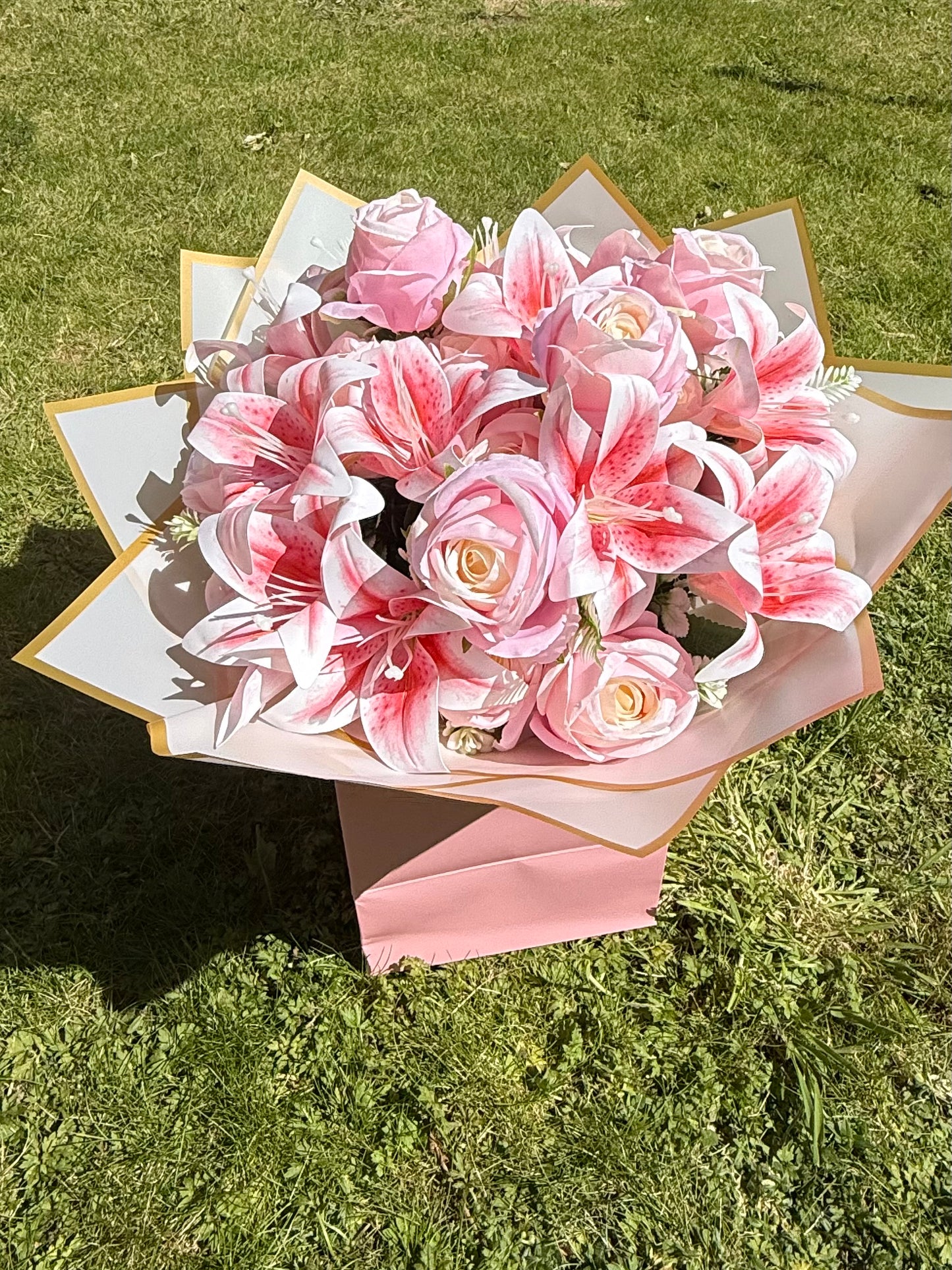 Large Artificial Pink Lily & Rose Bouquet in Gift Flower Bag Elegant Faux Floral Arrangement (Copy)