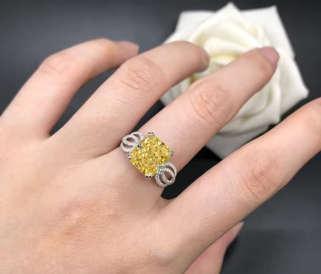 18K White Gold Cushion Cut Yellow Diamond Ring