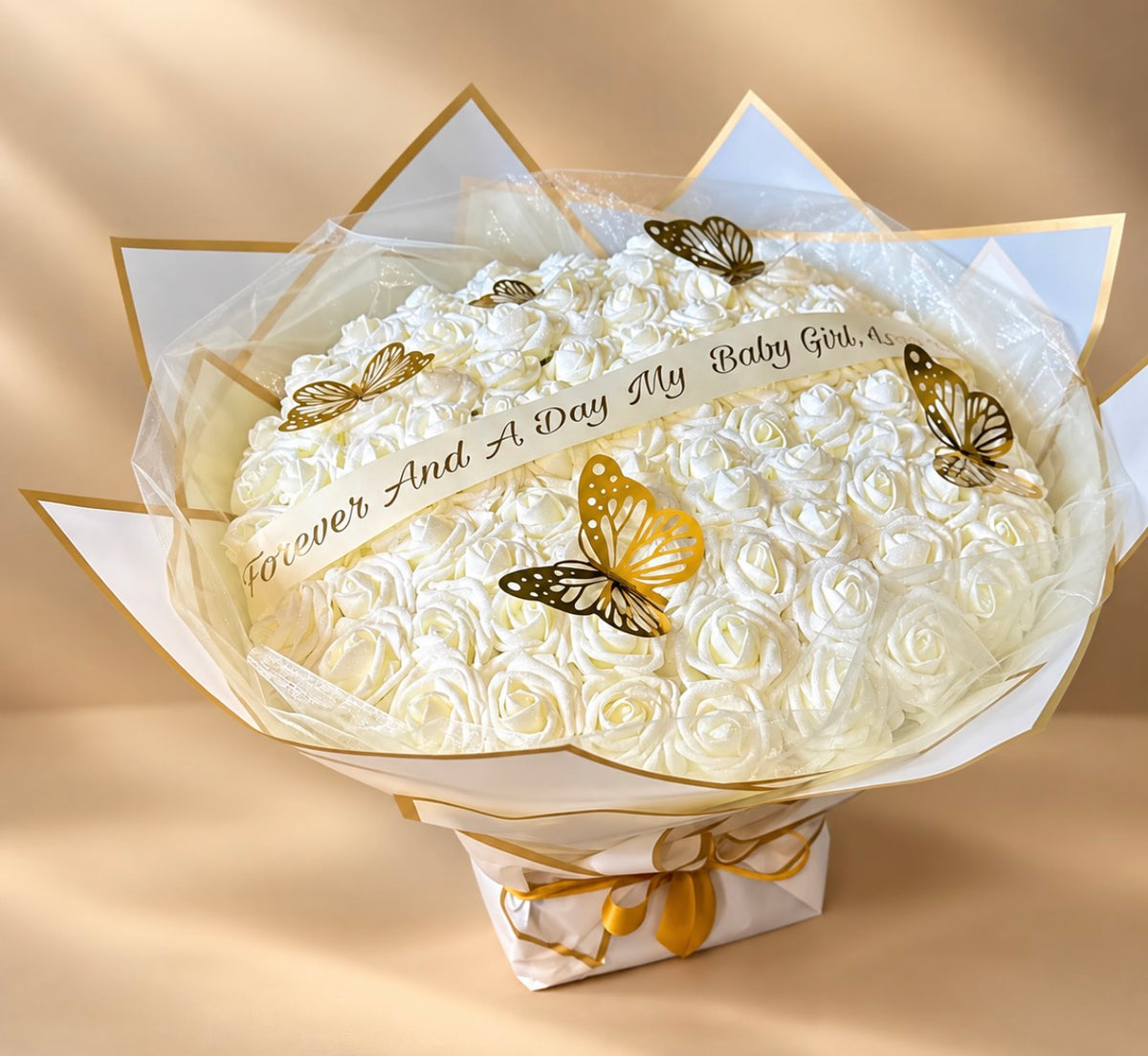 100 Ivory Forever Rose Bouquet Personalised Luxury Rose Bouquet with Gold Butterflies