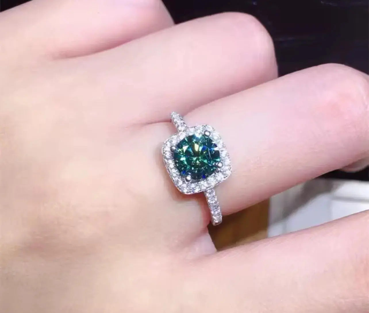 Green Moissanite Sterling Silver Womens Engagement Ring