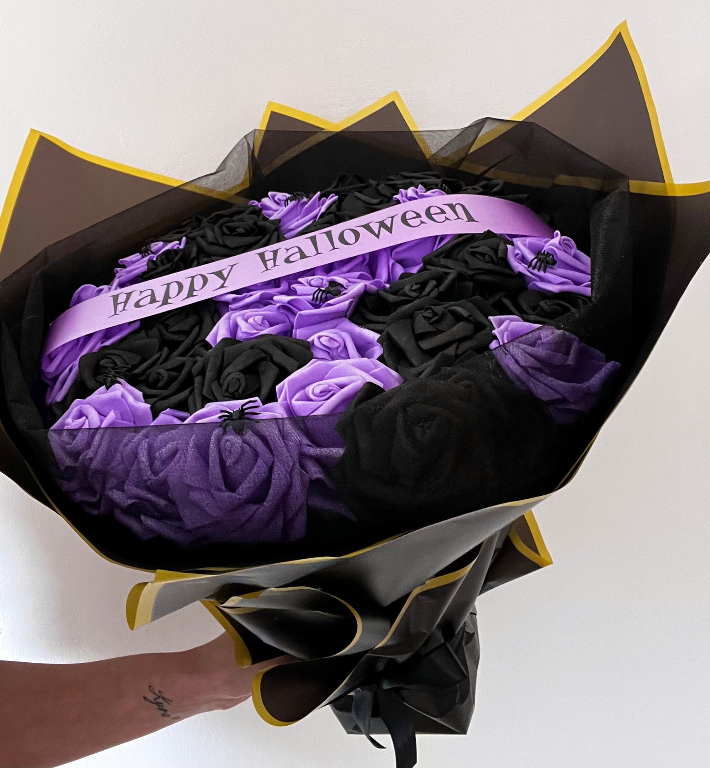 Happy Halloween Purple & Black Spider Rose Bouquet Decor