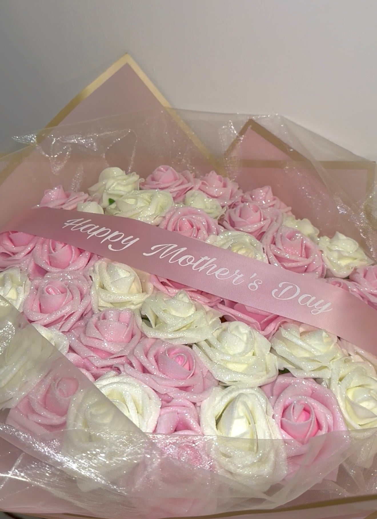 Pink & Ivory Glitter Rose Flower Bouquet