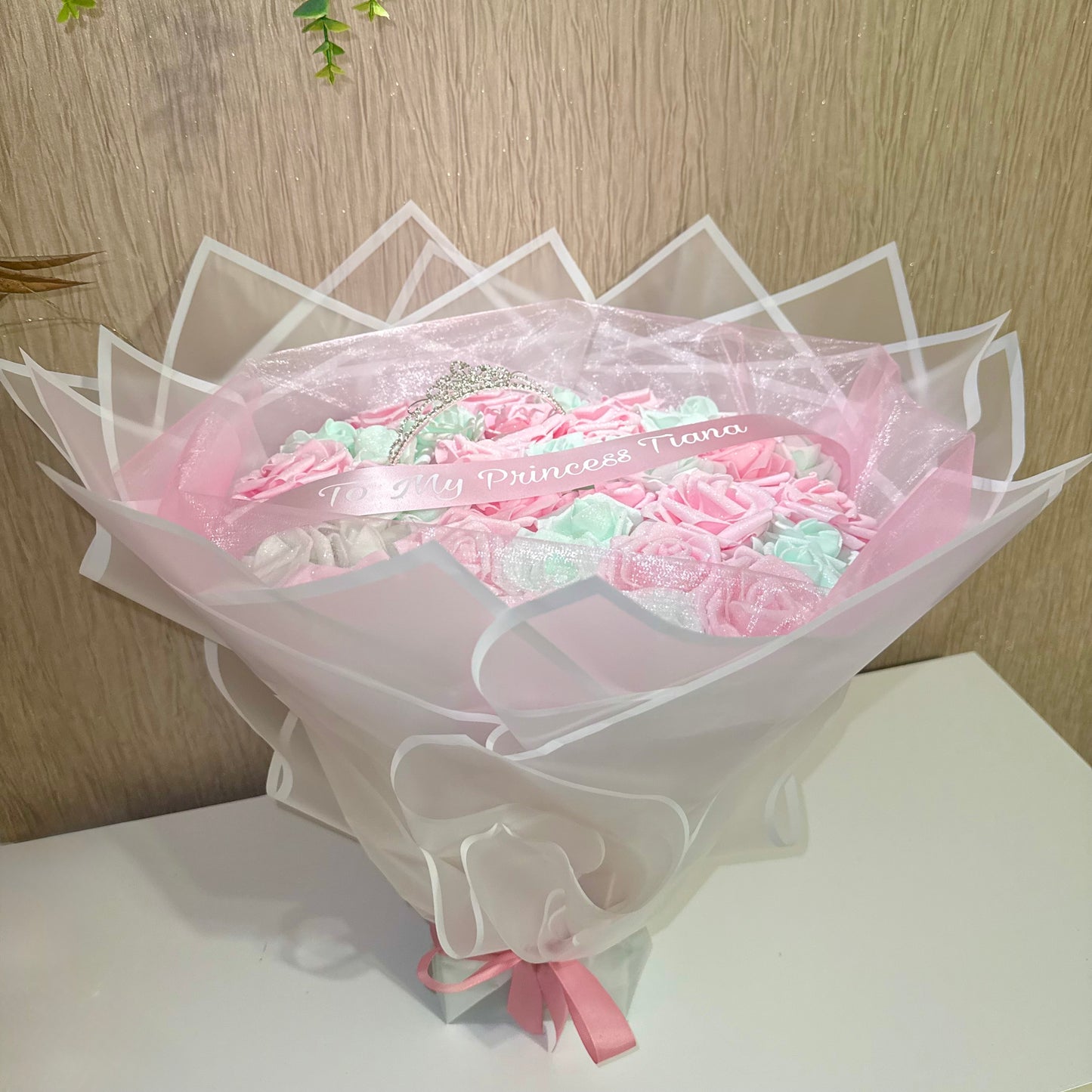 Blush Pink & Pale Green Glitter Rose Tiara Personalised Bouquet