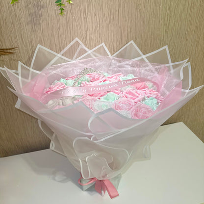 Blush Pink & Pale Green Glitter Rose Tiara Personalised Bouquet