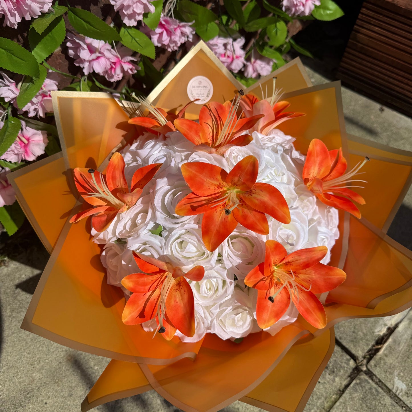 Personalised Orange Lily & White Rose Forever Flower Bouquet