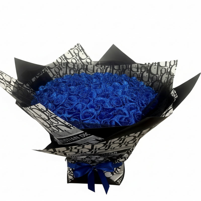 100 Royal Blue Glitter Rose Bouquet With High End Wrapping - Blooming Gifts