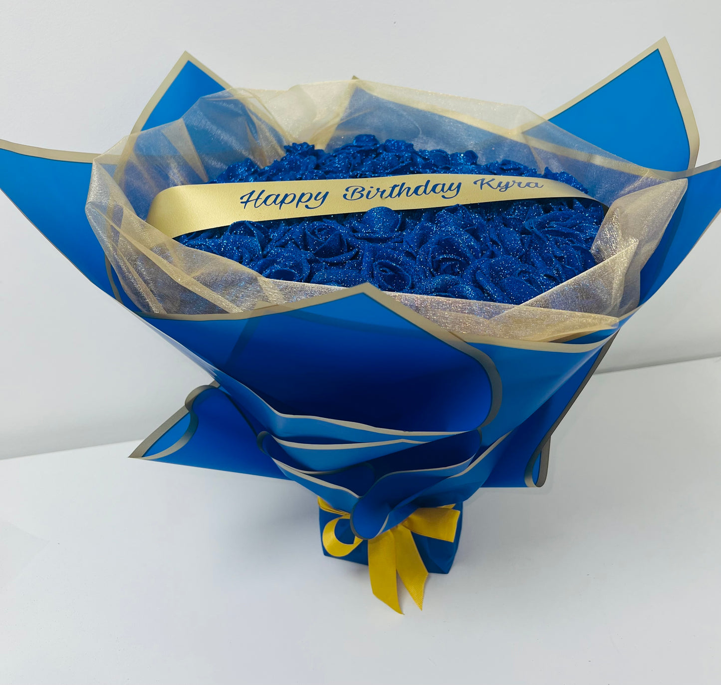 Personalised Message Blue & Gold Glitter Rose Bouquet Gift