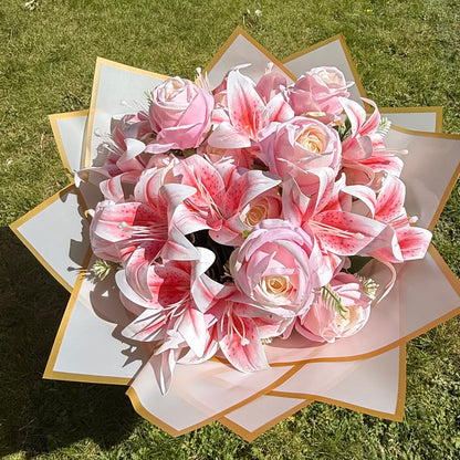 Large Artificial Pink Lily & Rose Bouquet in Gift Flower Bag Elegant Faux Floral Arrangement (Copy)