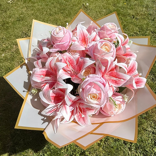 Large Artificial Pink Lily & Rose Bouquet in Gift Flower Bag Elegant Faux Floral Arrangement (Copy)