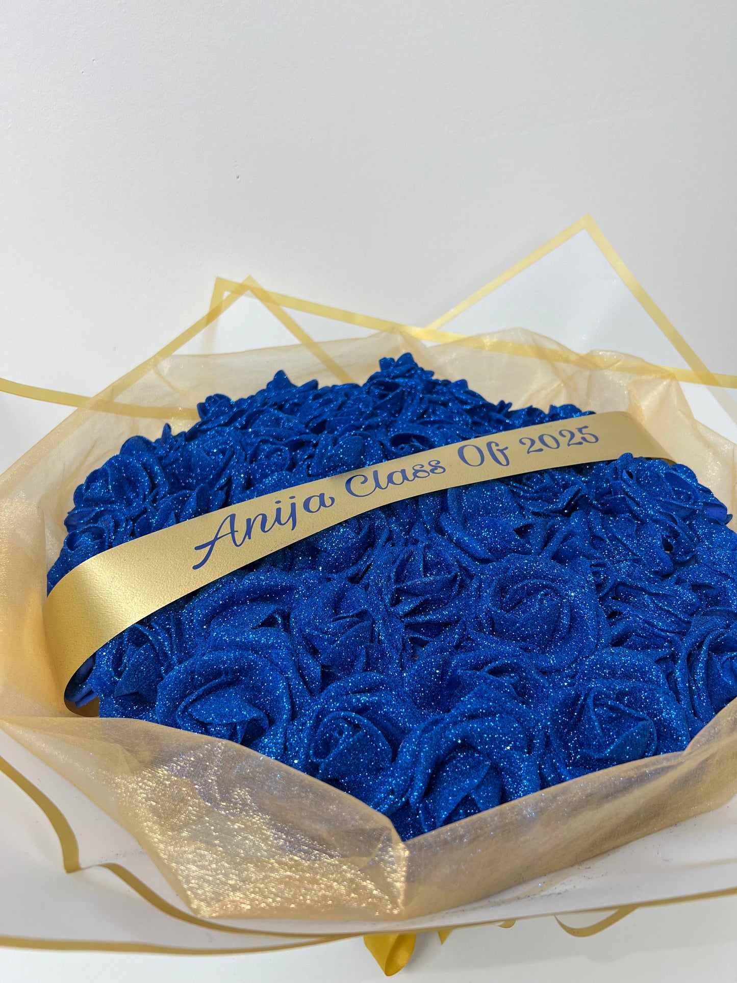 Blue White & Gold Personalised Glitter Rose Bouquet Gift