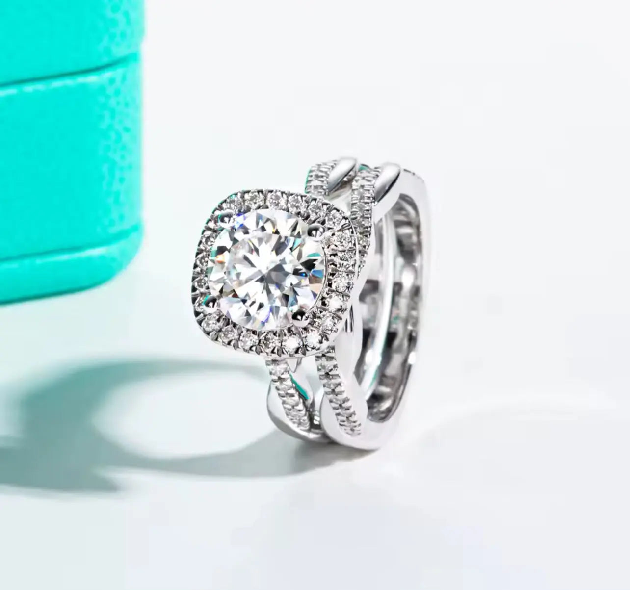 3CT Moissanite Halo Silver Engagement Ring Set