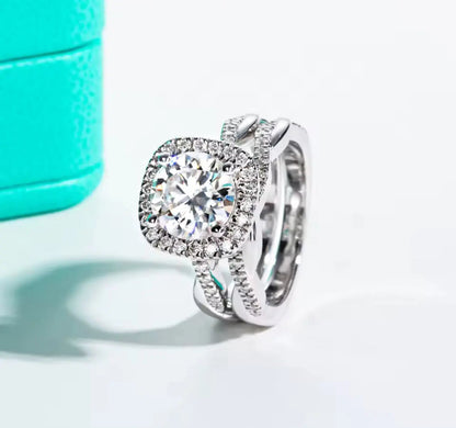 3CT Moissanite Halo Silver Engagement Ring Set