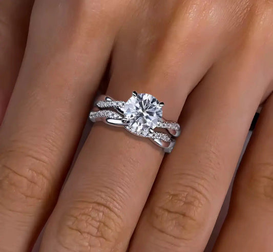 3CT Moissanite Round Cut Silver Engagement Ring Set