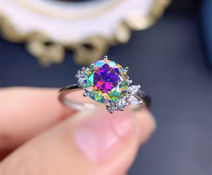 2ct Rainbow Moissanite Silver Statement Ring