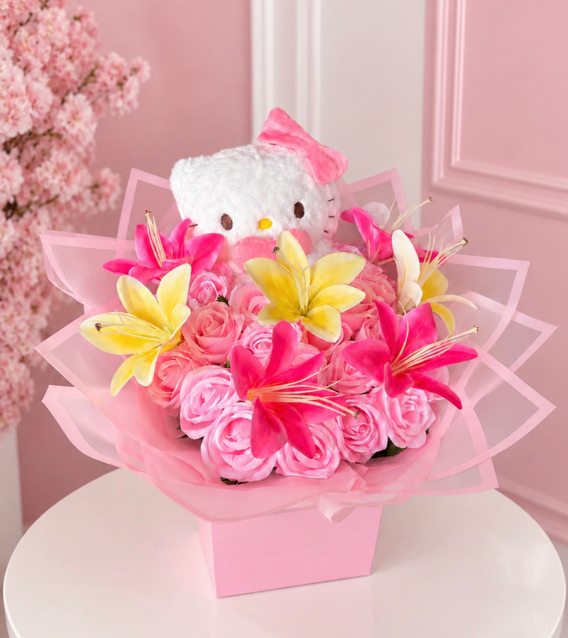 Hello Kitty Pink Rose & Lily Bouquet with Plush Teddy Forever Flower Gift
