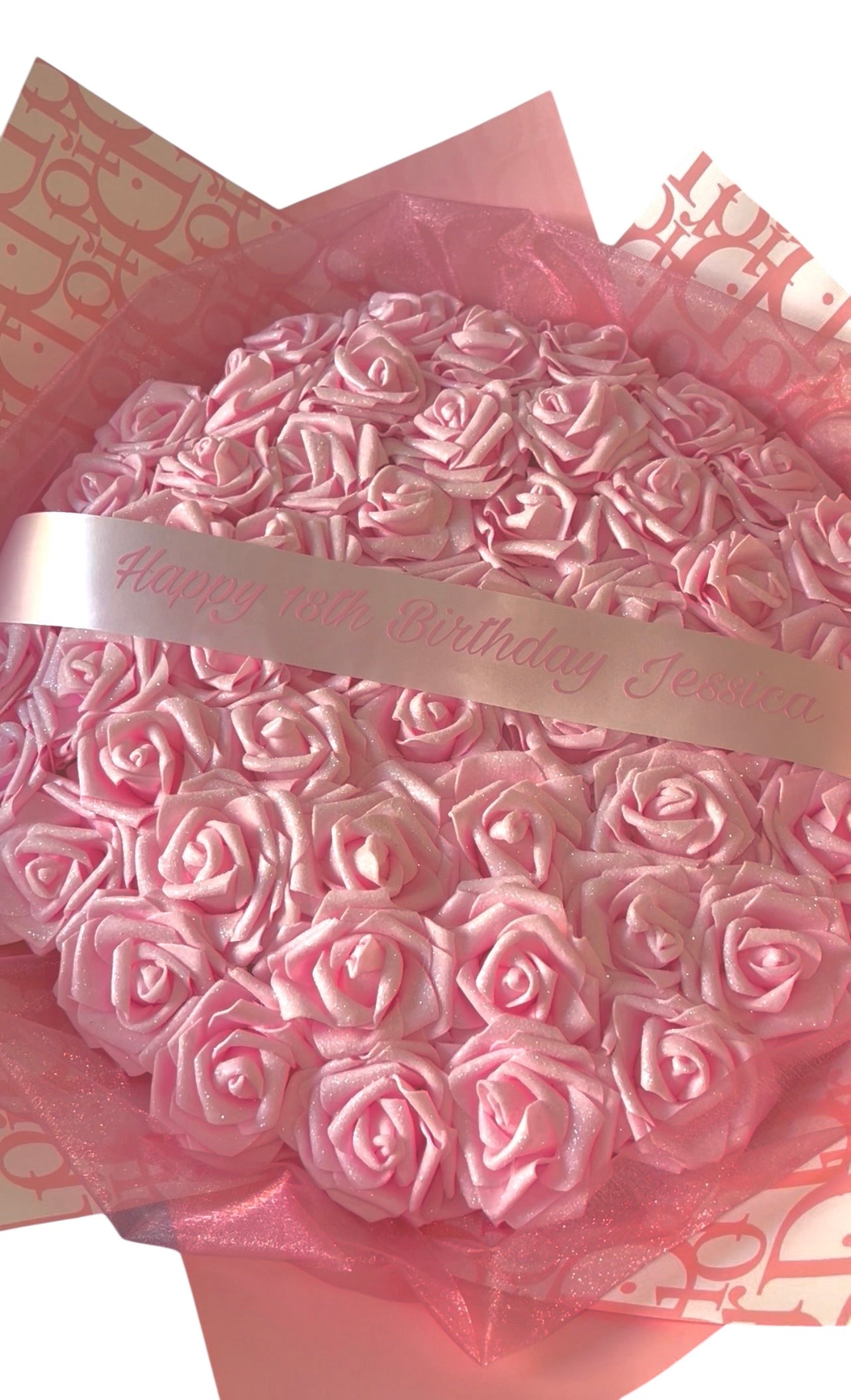 Pink & White Personalised Glitter Rose Bouquet High End Wrapping