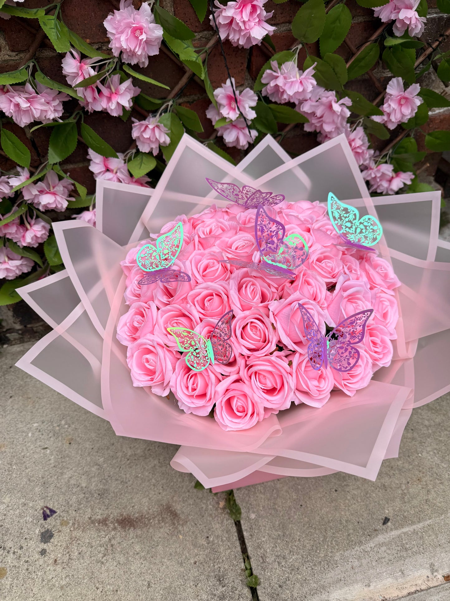 Luxury Baby Pink Rose Bouquet with Iridescent Butterflies Personalised Forever Rose Gift