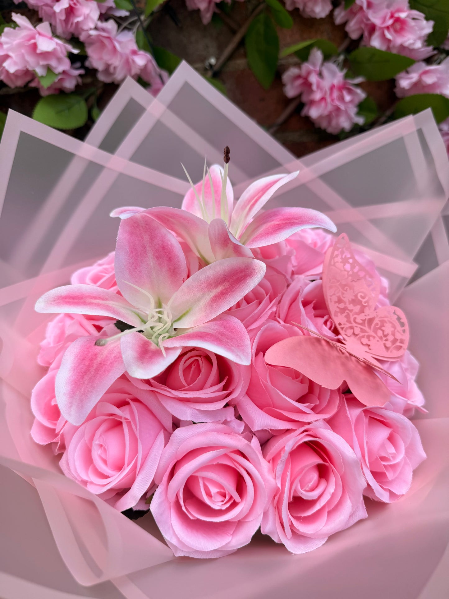 Luxury Pink Artificial Rose & Lily Handheld Butterfly Bouquet Everlasting Flower Arrangement