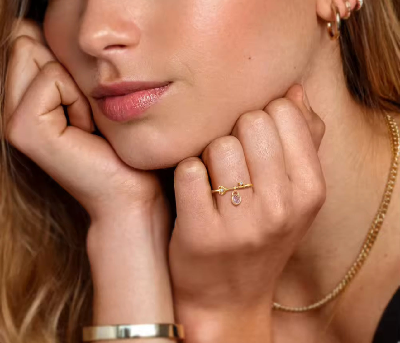 Silver / Gold Pink Love Heart Womens Ring