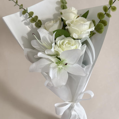 Elegant Handheld Cream Rose & Lily Bouquet
