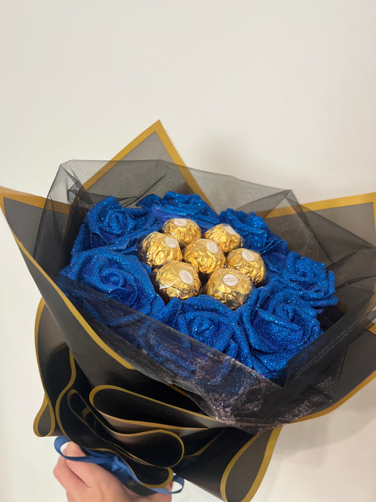 Glitter Rose Ferrero Rocher Chocolate Bouquet Red / Blue
