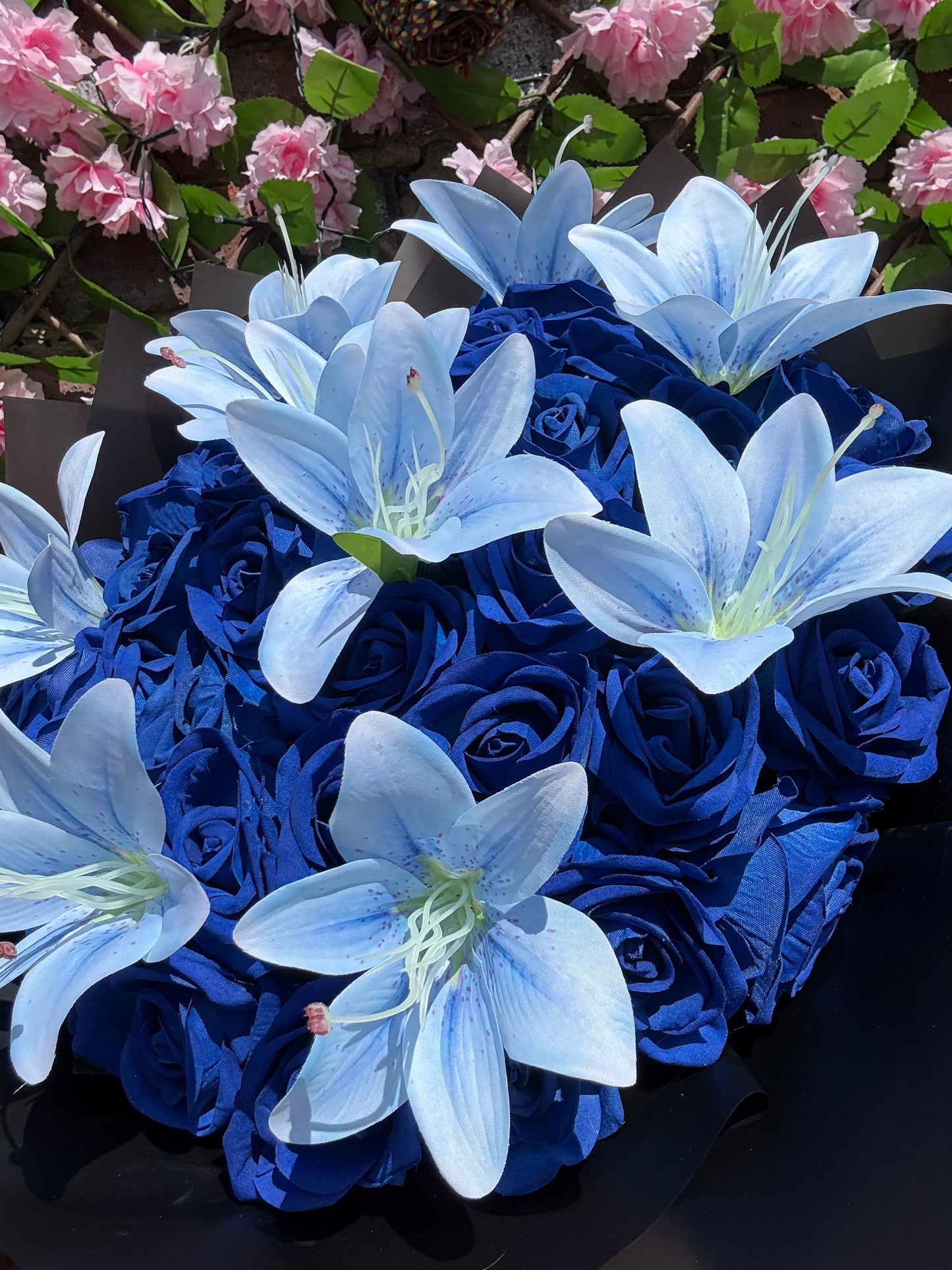 Personalised Royal Blue Rose & Blue Lily Forever Flower Bouquet