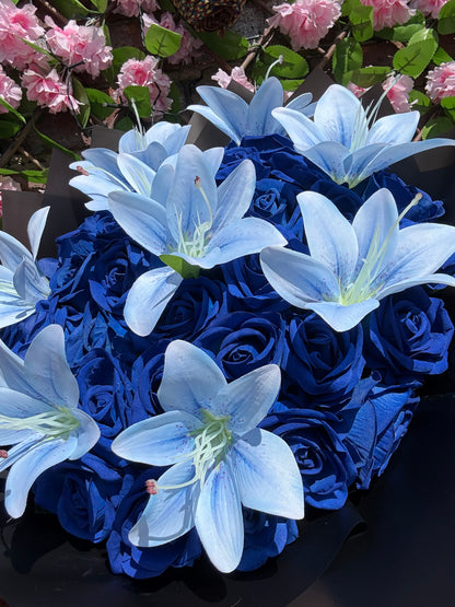 Personalised Royal Blue Rose & Blue Lily Forever Flower Bouquet