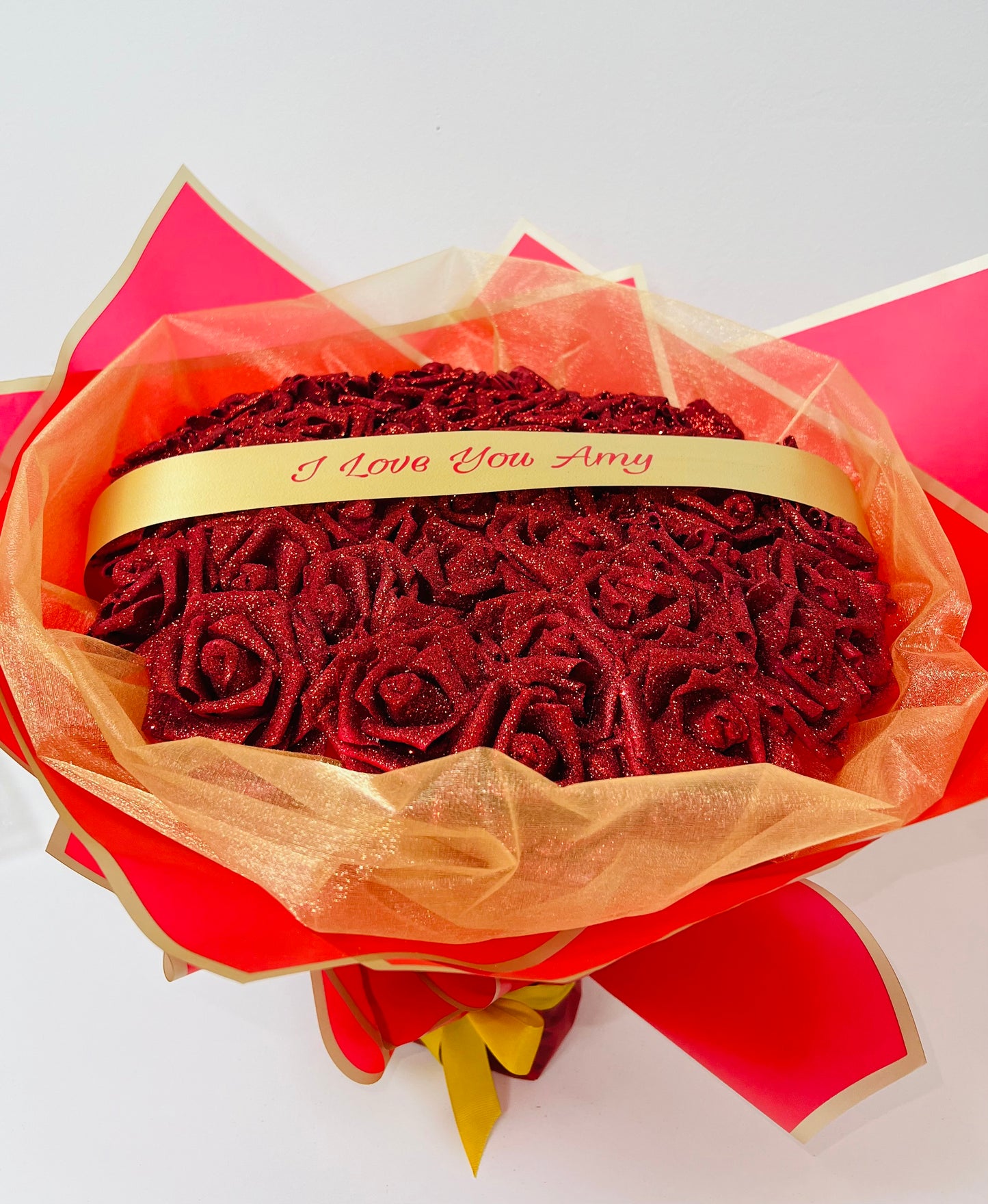 Personalised Red & Gold Glitter Rose Flower Bouquet Any Occasion Gift