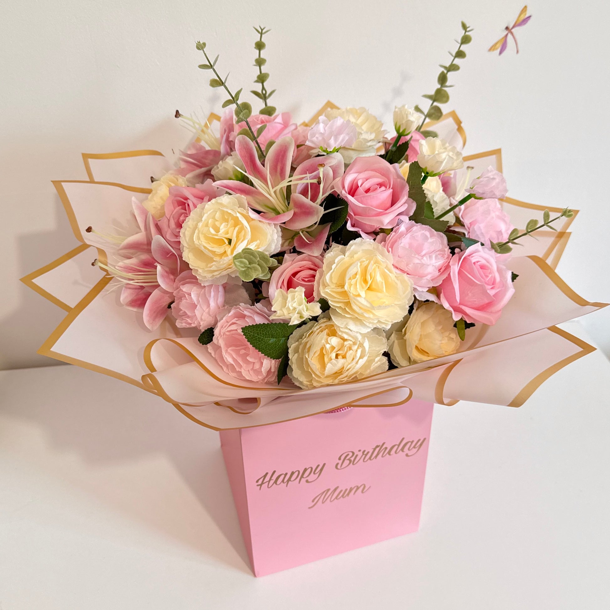 Pink & Gold Rose, Lily & Peonies Personalised Flower Bouquet - Blooming Gifts