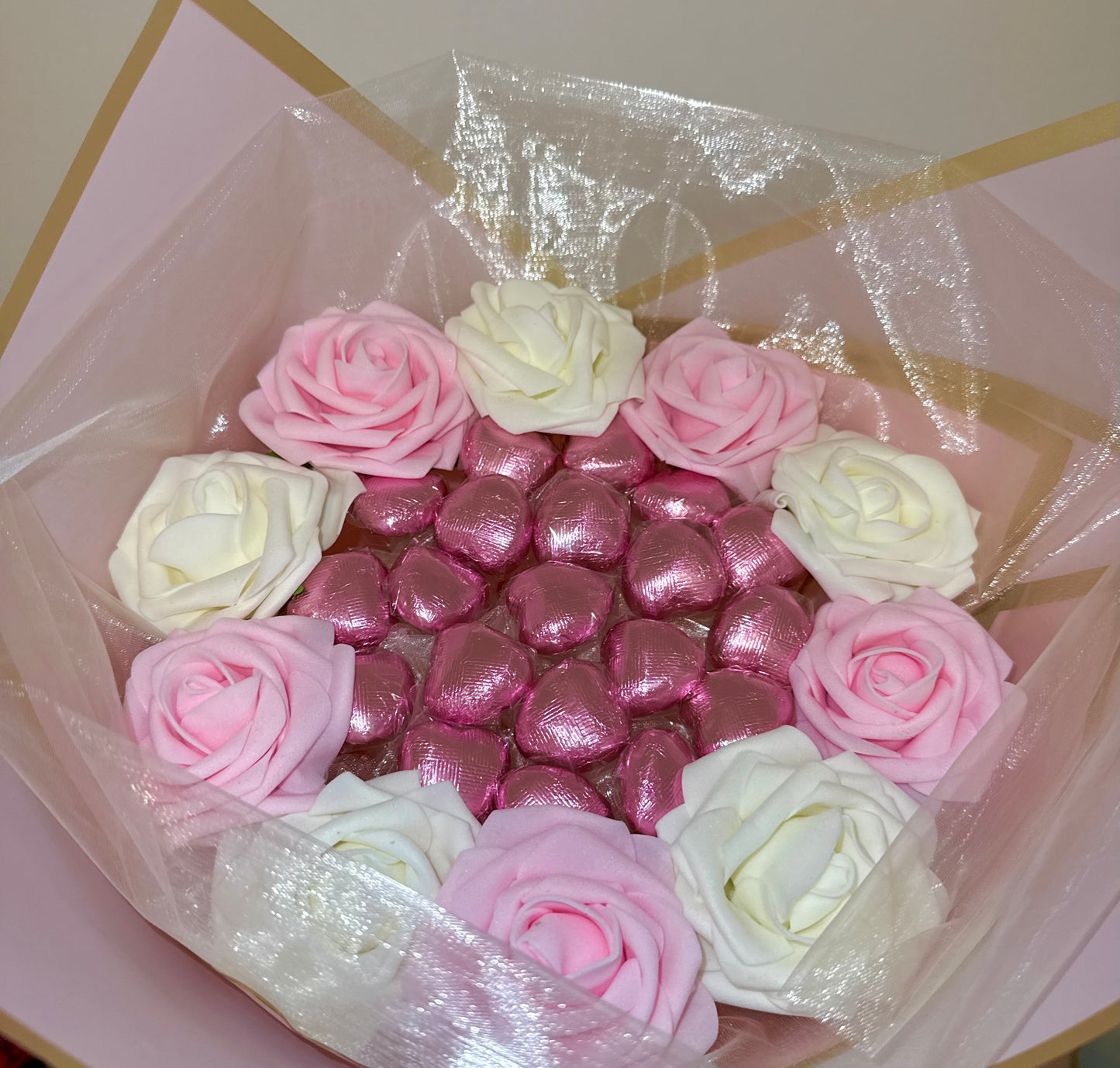 Chocolate Love Hearts Rose Bouquet Pink & Cream
