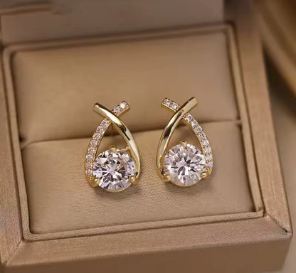 Gold Teardrop Twist Design Womens Stud Earrings