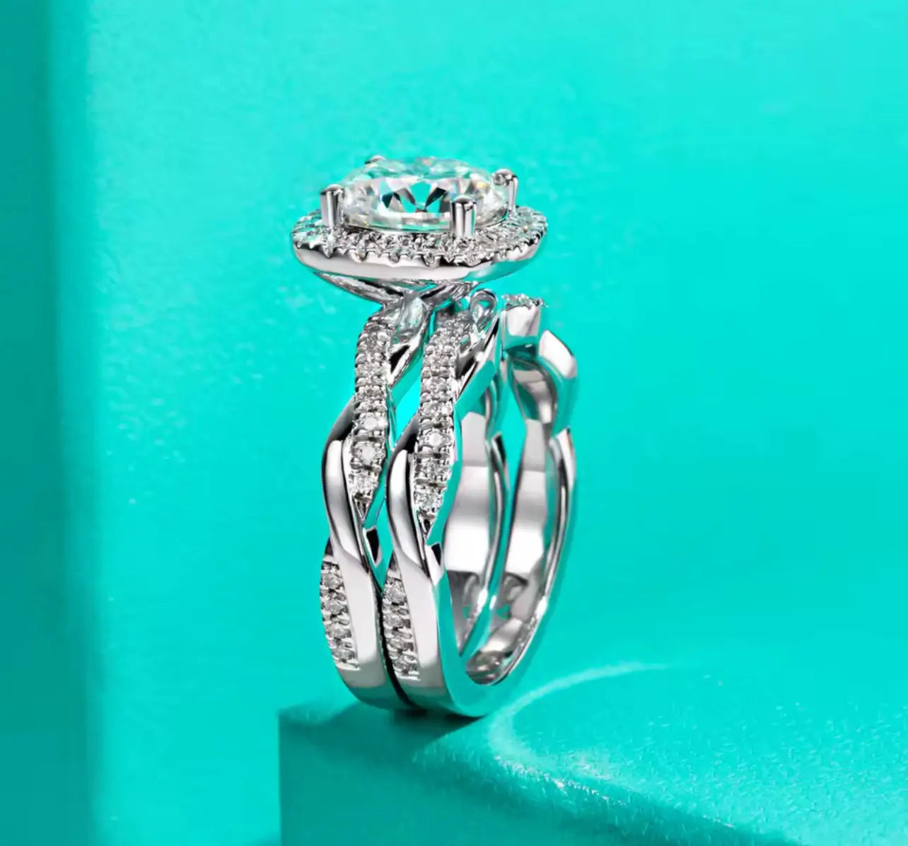 3CT Moissanite Halo Silver Engagement Ring Set