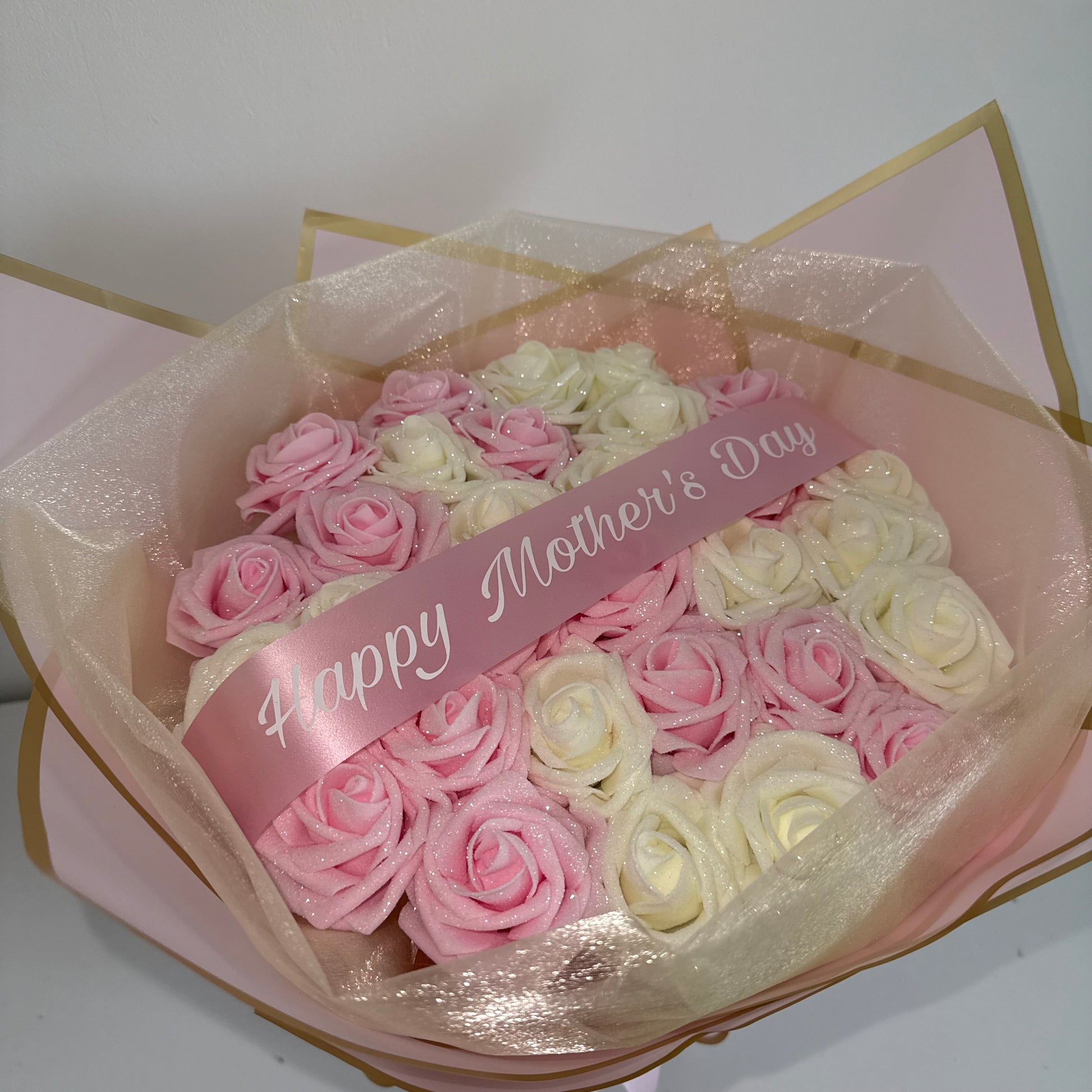 Pink & Ivory Glitter Rose Flower Bouquet - Blooming Gifts
