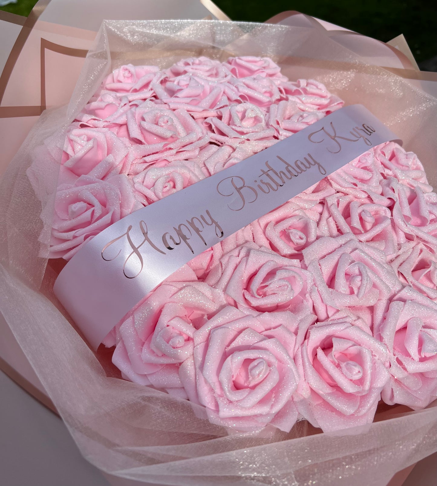 Personalised Any Message Pink Glitter Flower Rose Bouquet