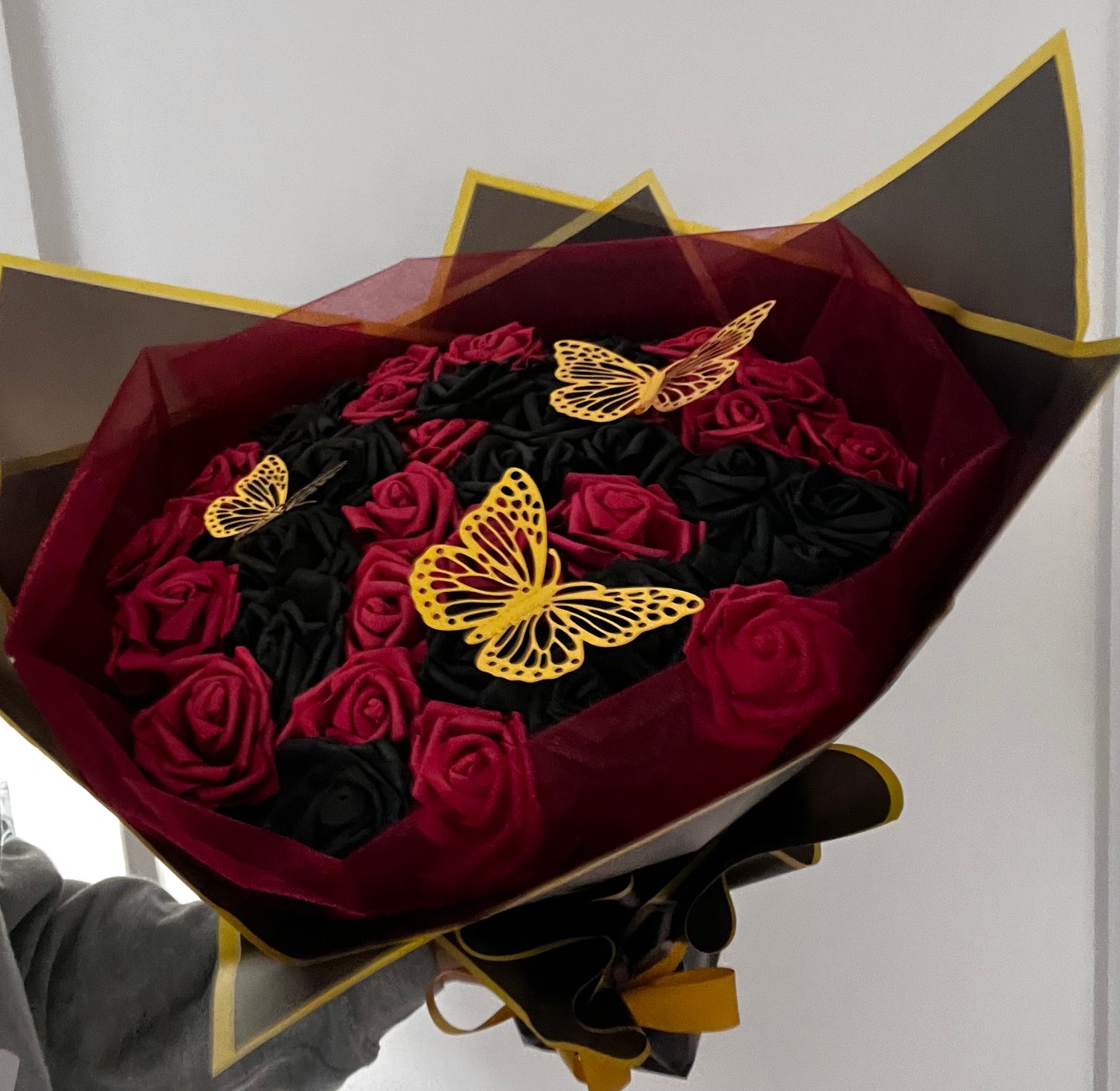 Red & Black Rose Bouquet With Gold Butterfly’s