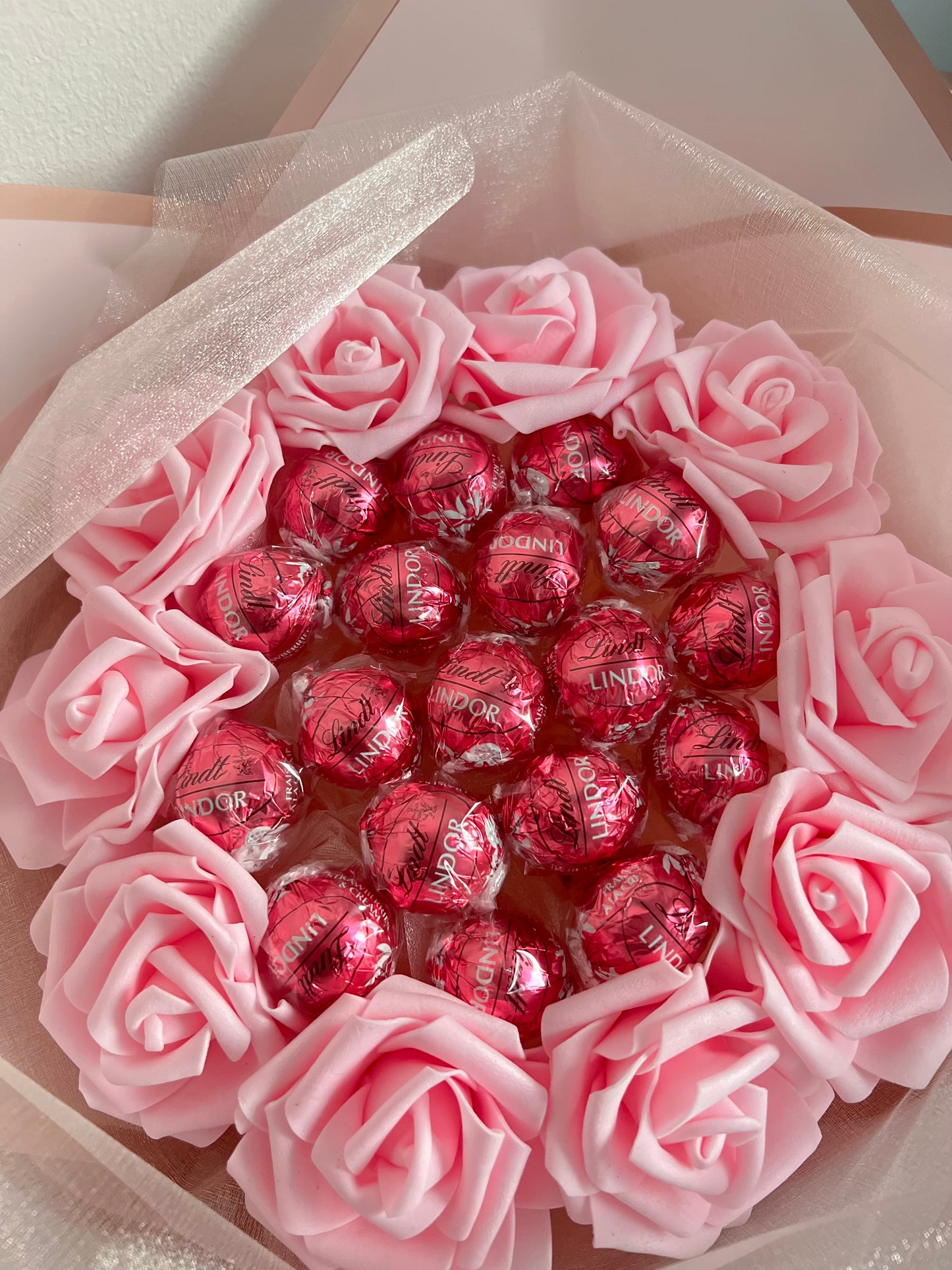 All Pink Handcrafted Lindor Chocolate Rose Flower Bouquet