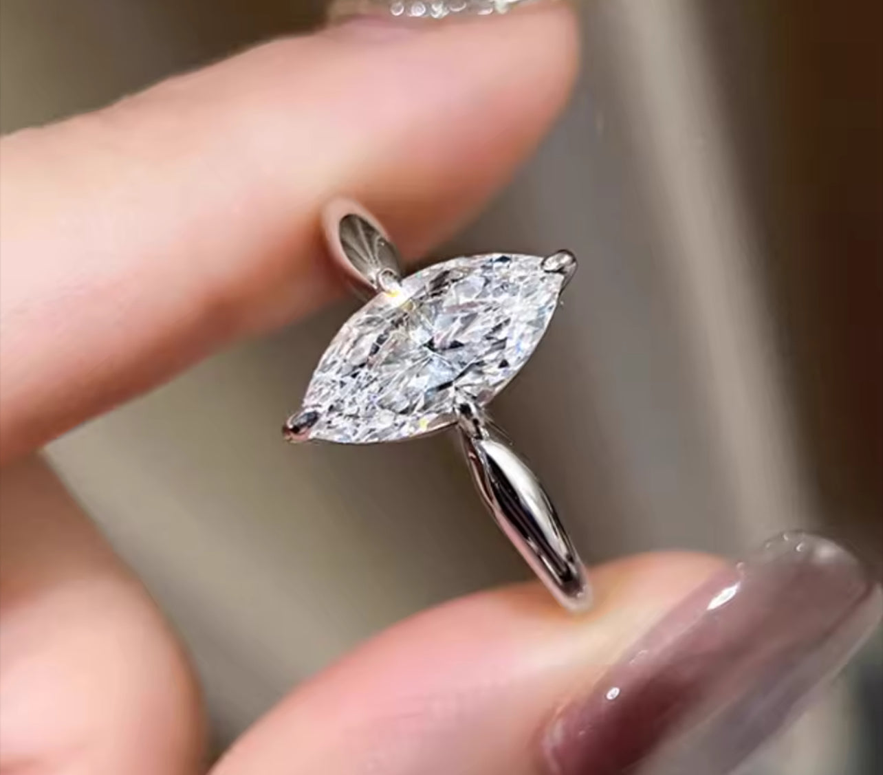 Luxury Moissanite Marquise Cut Silver Engagement Ring