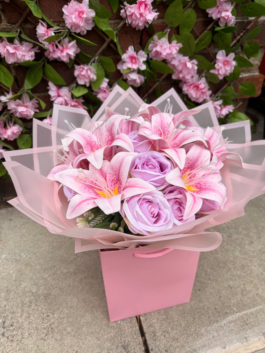 Pink lily and lilac lavender rose forever flower bouquet