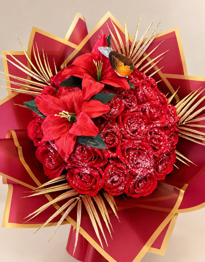 Snowy Christmas Robin & Lily Bouquet – Personalised Luxury Christmas Flowers
