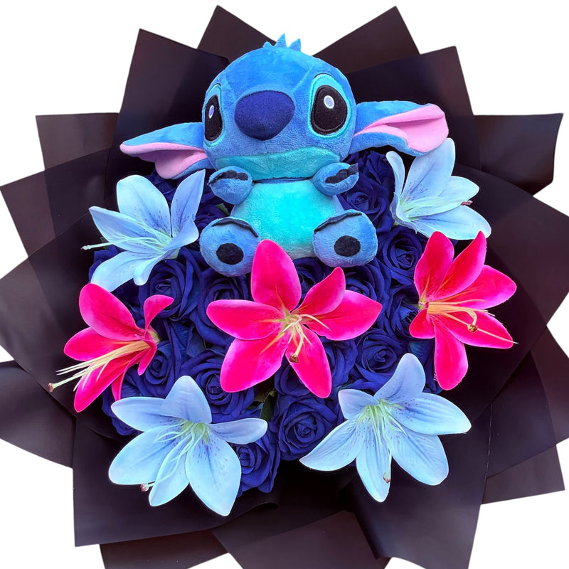 Stitch Inspired Blue Rose & Lily Bouquet Luxury Character Flower Gift