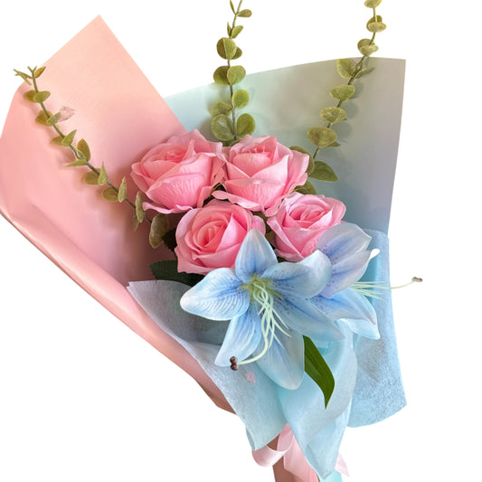 Elegant Handheld Blue Rose & Lily Bouquet