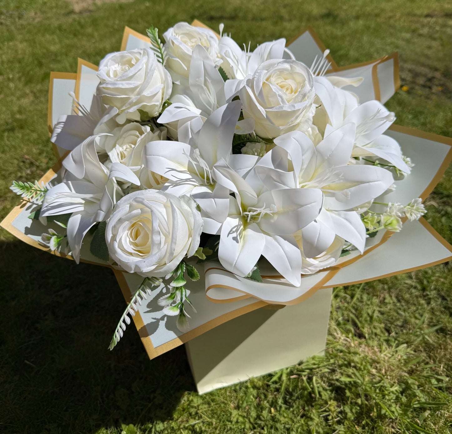 Large Artificial White Lily & Rose Bouquet in Gift Flower Bag Elegant Faux Floral Arrangement