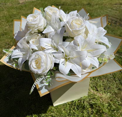Large Artificial White Lily & Rose Bouquet in Gift Flower Bag Elegant Faux Floral Arrangement