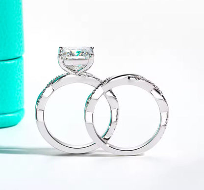 3CT Moissanite Princess Cut Silver Engagement Ring Set