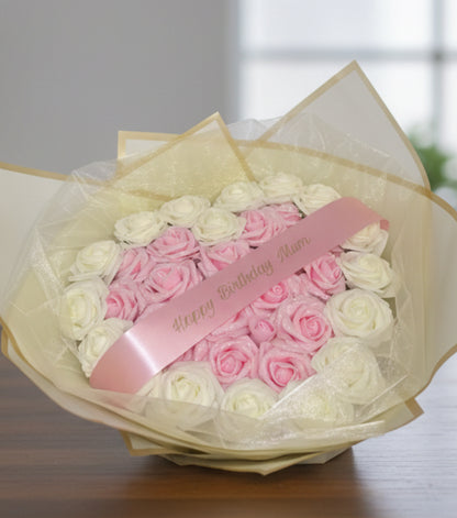 Love Heart Pink & Cream Glitter Rose Personalised Bouquet