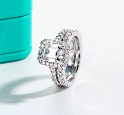 3CT Emerald Cut Silver Moissanite Engagement Ring Set