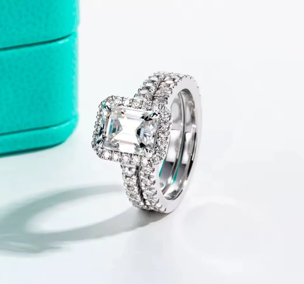 3CT Emerald Cut Silver Moissanite Engagement Ring Set