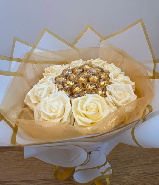 Hand Crafted White Flower Glitter Rose Lindt Chocolate Bouquets