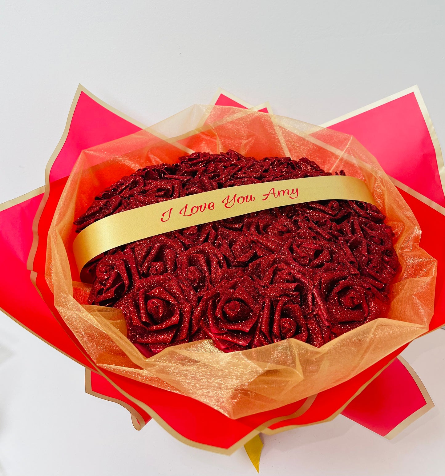 Personalised Red & Gold Glitter Rose Flower Bouquet Any Occasion Gift